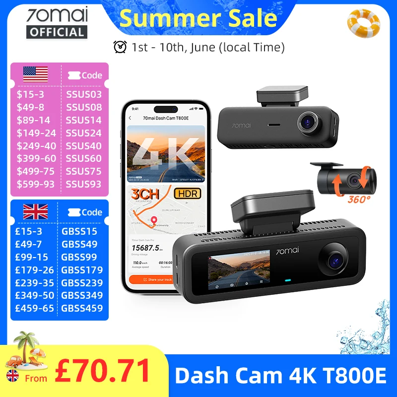 70mai 4K T800E 3-Channel Dash Cam Front Rear Interior 3-in-1 Voice Control 24H Parking Supercapacitor GPS 4K Car DVR 70mai T800E