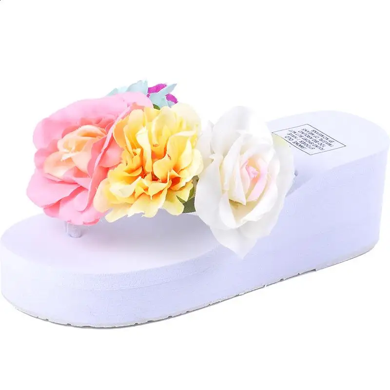 Shoes Woman 2024 Flower Rubber Flip Flops Female Slippers Platform Med Hawaiian New Summer Beach Flat Floral Fabric PU TPR