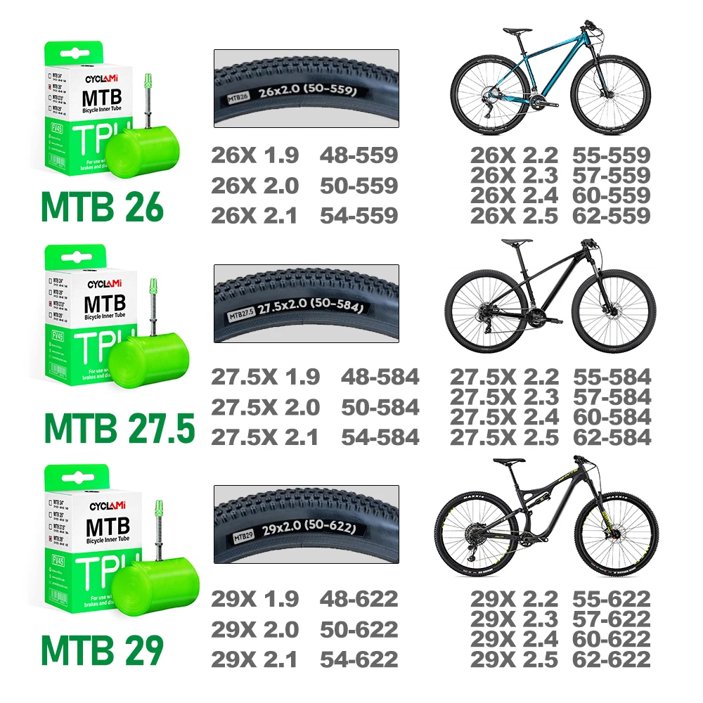 CYCLAMI 2-Piece Suit TPU Ultralight MTB Bike Inner Tube 26/27.5/29 inch For 559 584 622 Tires Metal French Valve Length 45mm