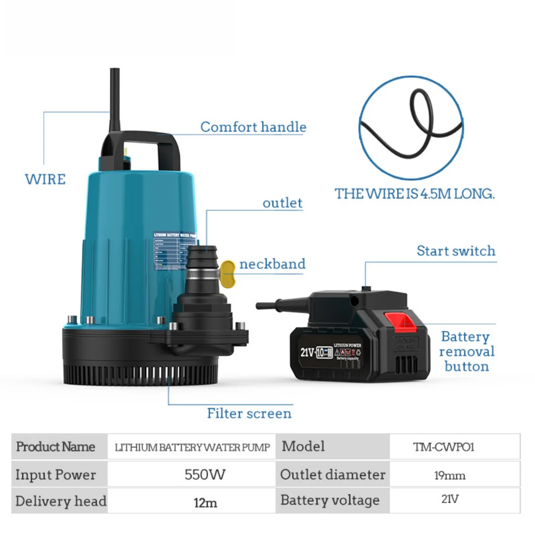 21V Lithium Submersible Pump Self-priming Portable and Multifunctional Water Pump Fish Tank Water Exchange Vegetable Watering