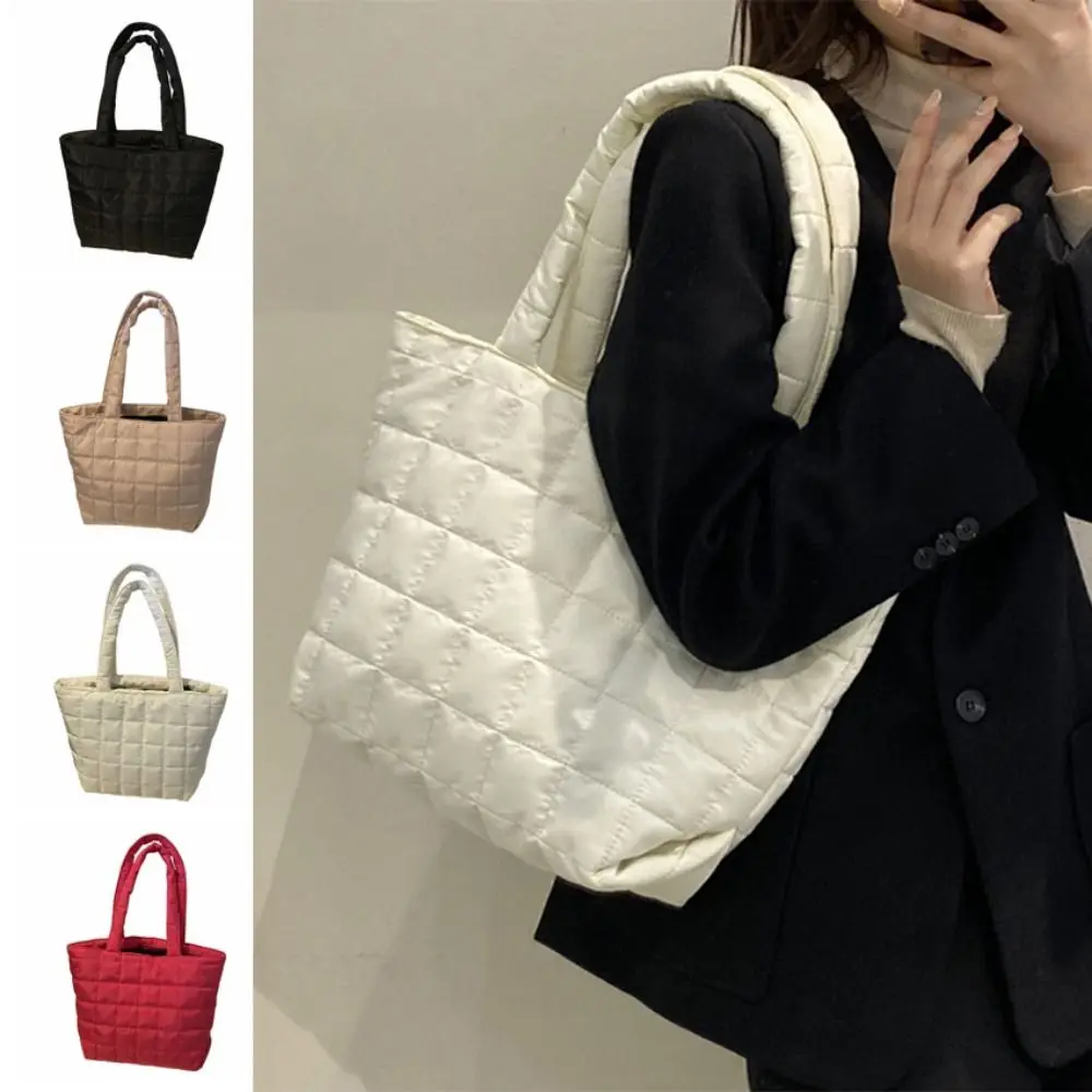 

Versatile Lattice Pattern Women's Shoulder Bag Solid Color Puffy Casual Tote Bags Large Capacity Soft Quilted Shopper Bag Travel