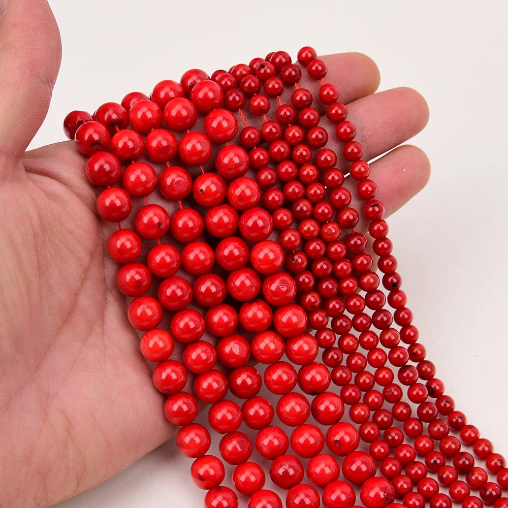 APDGG 2 Strands Natural A- Red Coral Smooth Round Loose Gems Beads Strand 15.5\'\' Pearl Necklace Jewelry Making DIY