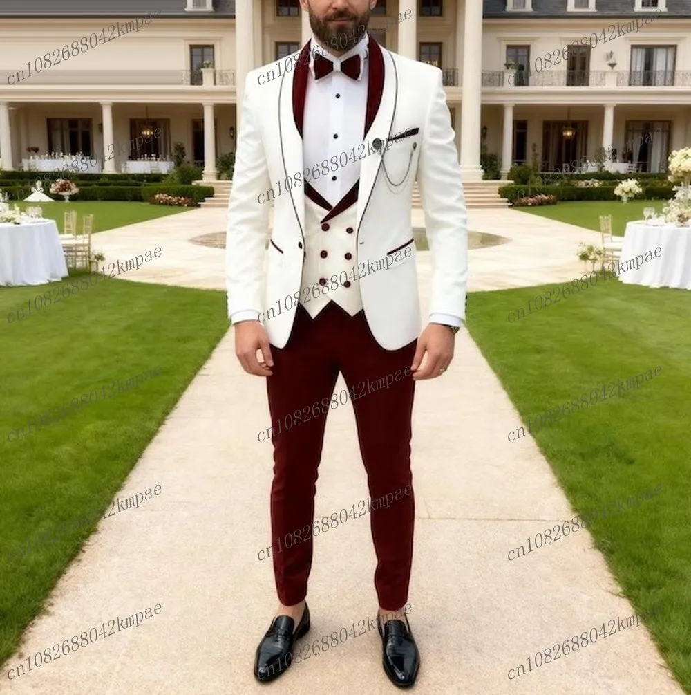

New Burgundy And White Formal Men Suit Groom Groomsman Wedding Party Prom Business Male Tuxedos 3 Piece Set Blazer Vest Pants