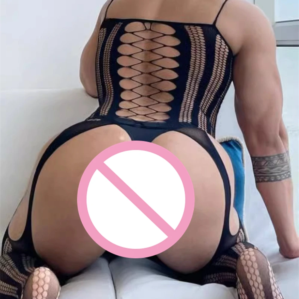 Hot Fishnet Bodysuit Men Crotchless Sexy Lingerie Babydoll Hollow Porn Underwear Sex Chemises Erotic Body Sissy Bodystockings