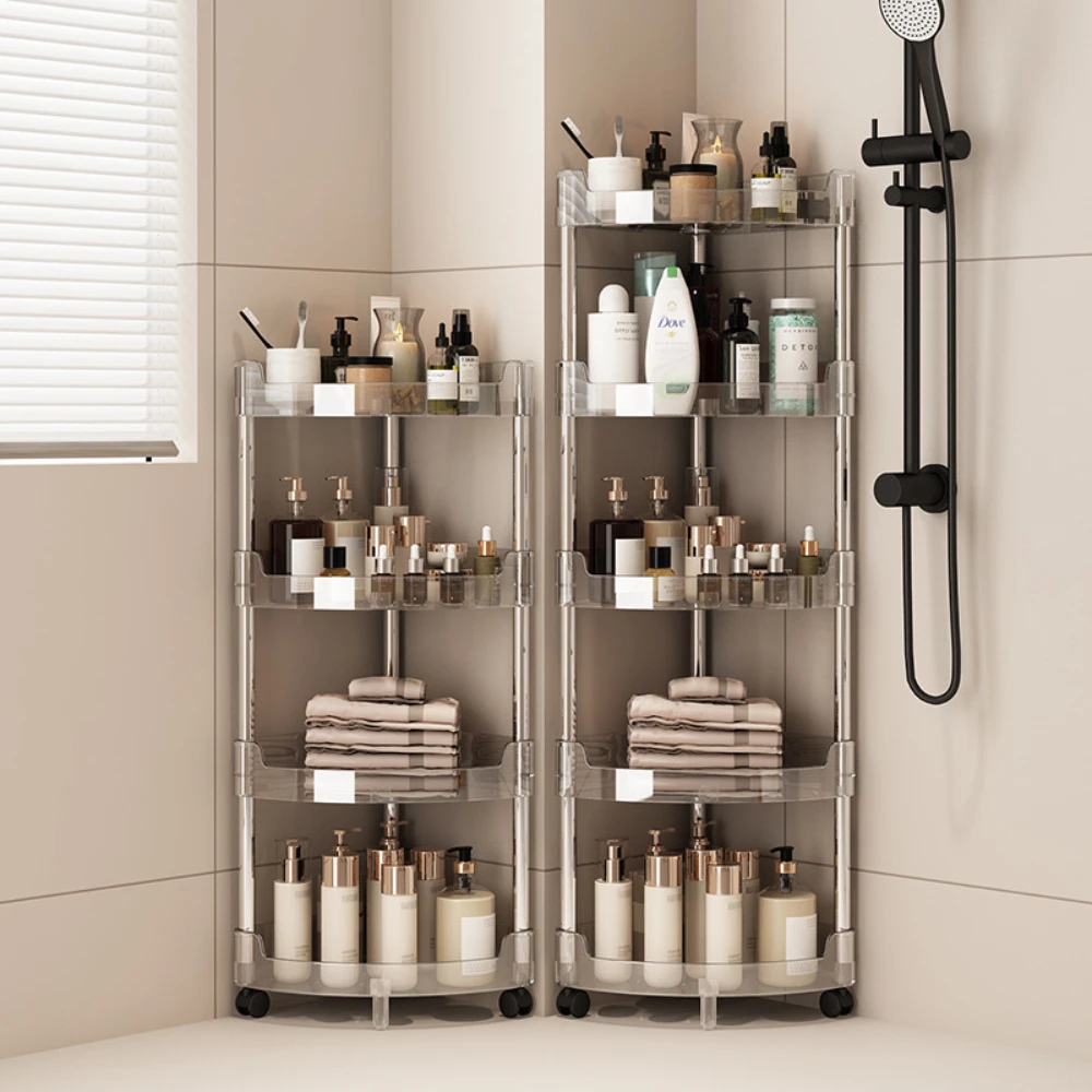 Fashion Transparent Corner Shelf Floor-Standing Multi Layer Triangular Storage Rack Suitable for Bathroom Toilet Kitchen Crevice
