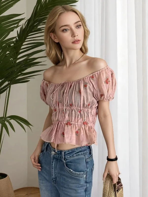 

Sweet Sle ort Sve Embroidered Slim Fit irt Linen Material Cool Feeling Summer Faion Women's Top U-Ne ort irt