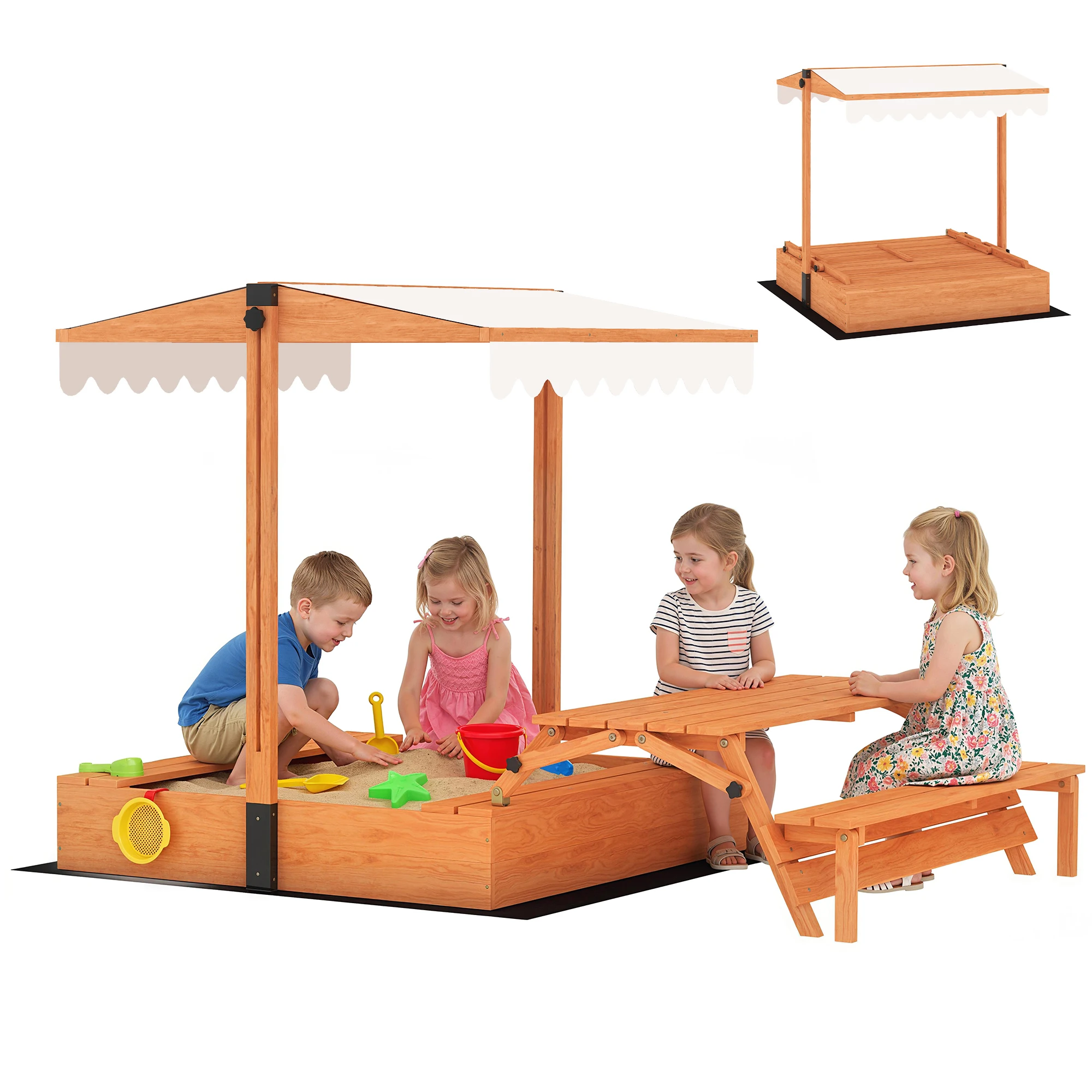 AIYAPLAY Arenero para Niños de Madera con Toldo Ajustable Mesa de Picnic con Bancos 6 Niños de 3-8 Años 184x110x120 cm Marrón