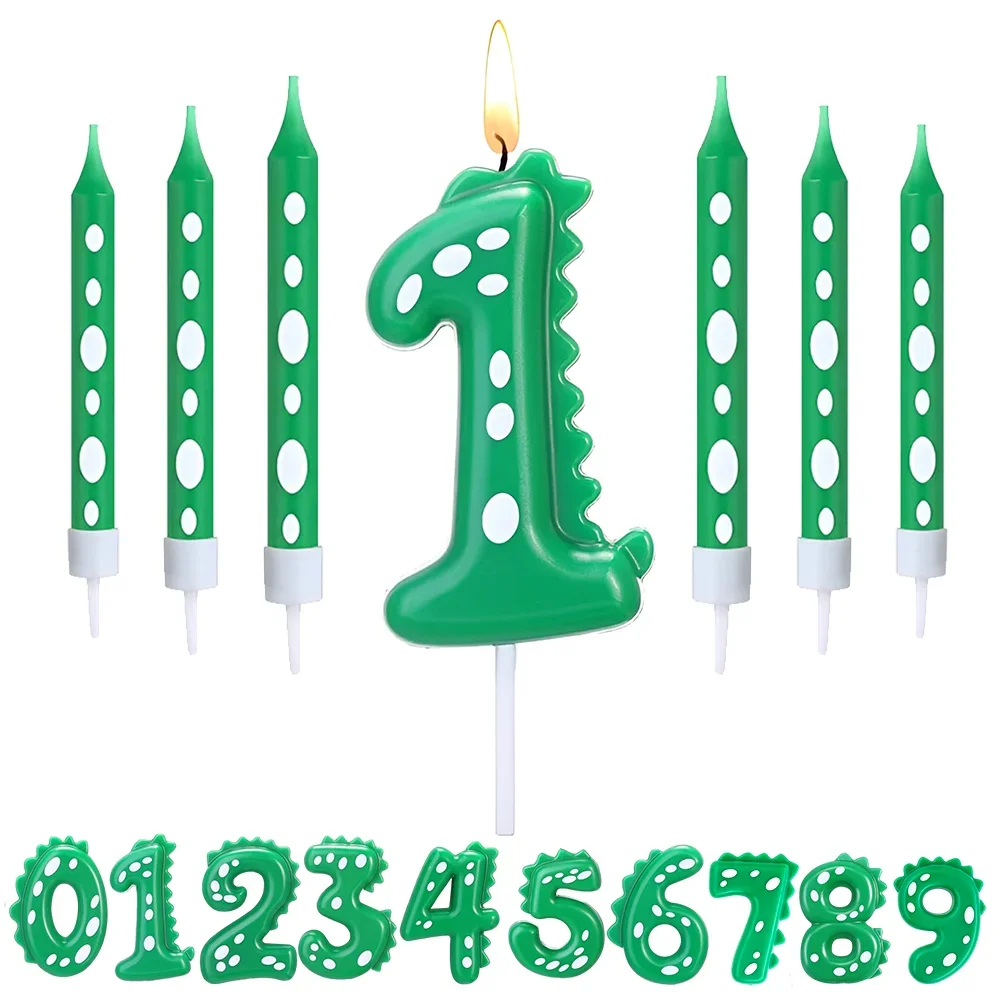 7pcs Dinosaur Birthday Candle,0-9 Green Number Candle for Dinosaur Theme Party Decoration, Number Candle for Cake Top