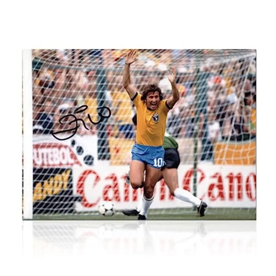 

Authentic 1982 Brazil Soccer Goal Photo Featuring Zico's Signature: Perfect for Sports Memorabilia Collection Ideal Display in