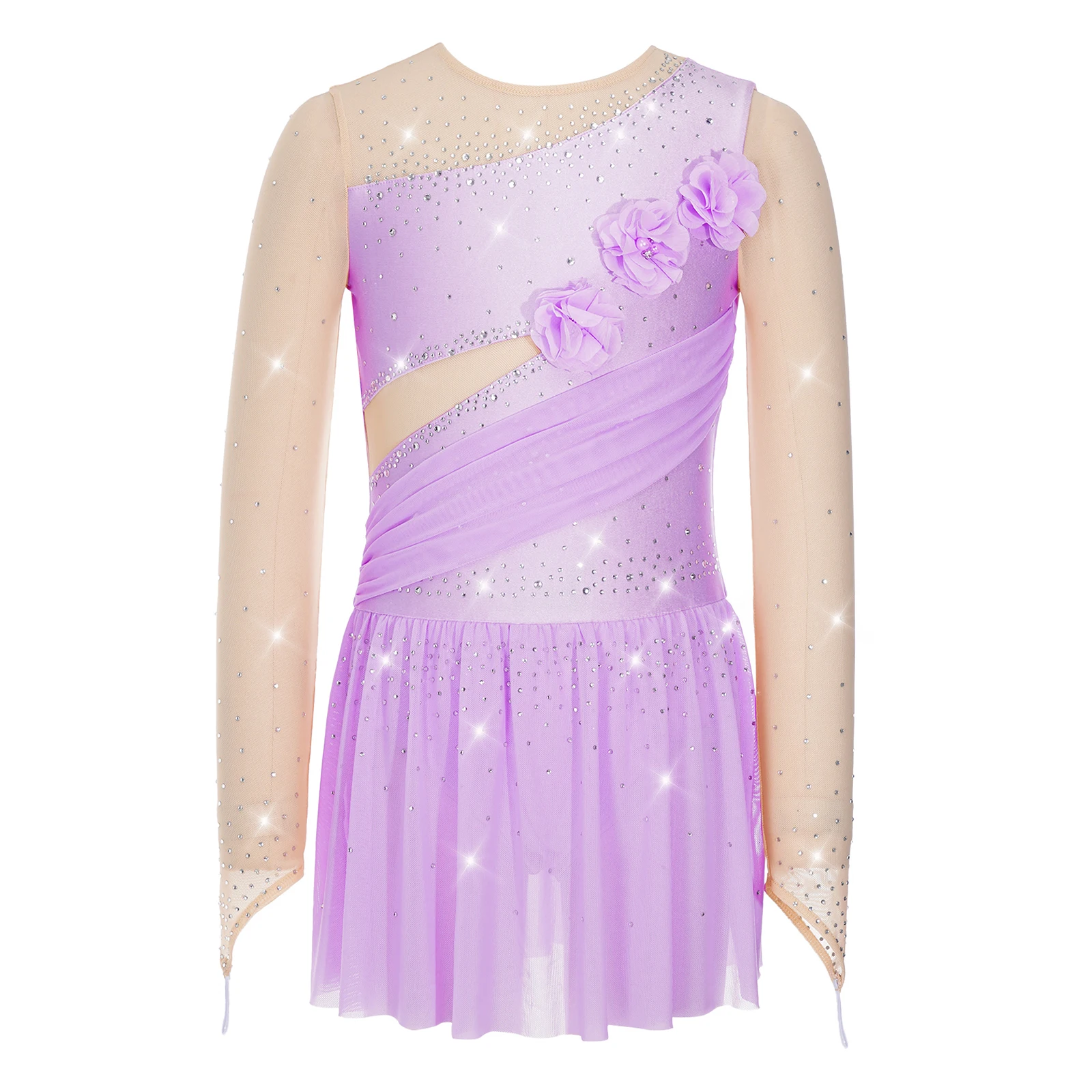 Kids Girls Shiny Rhinestone Gymnastics Ballet Lyrical Dance Performance Costume Long Sleeve 3D Flower Figure Skating Mesh Dress