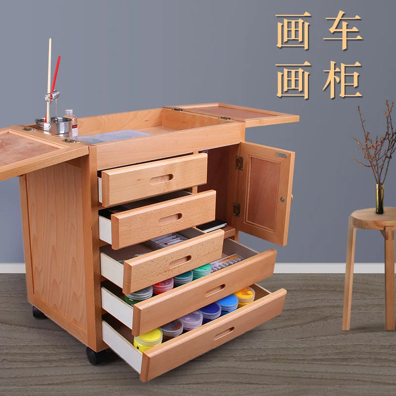 oil painting car, beech painting cabinet, five-drawer type, oil painting tool car, art, multi-functional storage