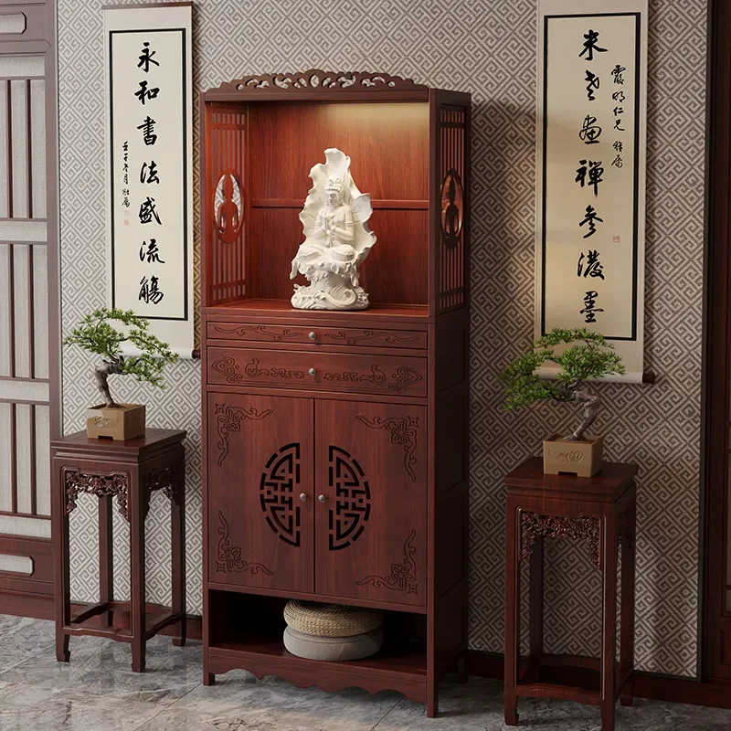 Wooden Offering Table with Door Household Incense Burner Stand Buddhist Niche Cabinet for Guan Gong Bodhisattva God of Wealth
