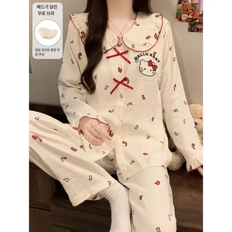 

Sanrios Kawaii пижамы Hello Kittys студенческий комплект брюк с длинными рукавами домашняя мода повседневный комфорт милый свободный принт хит продаж