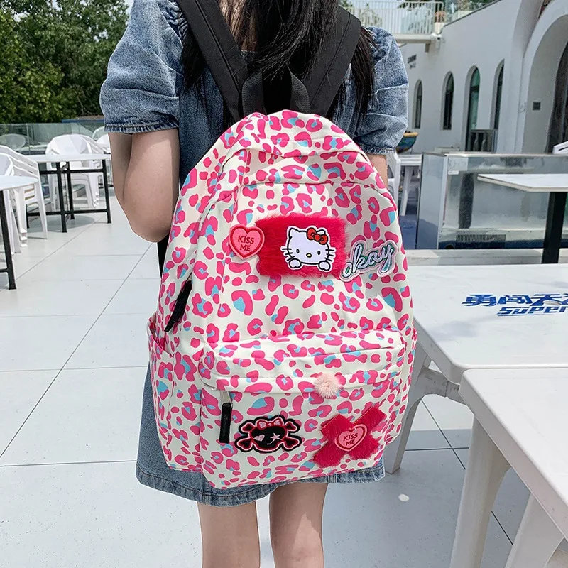 MINISO Hello Kitty Cute Leopard Print Backpack Girls Cartoon Backpack Student School Bag