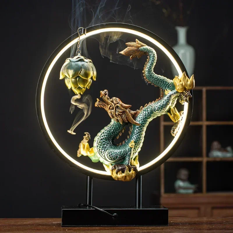 Zen Chinese Style Backflow Incense Burner Dragon Home Decor Ornaments with USB LED Circle Incense Waterfall Holder