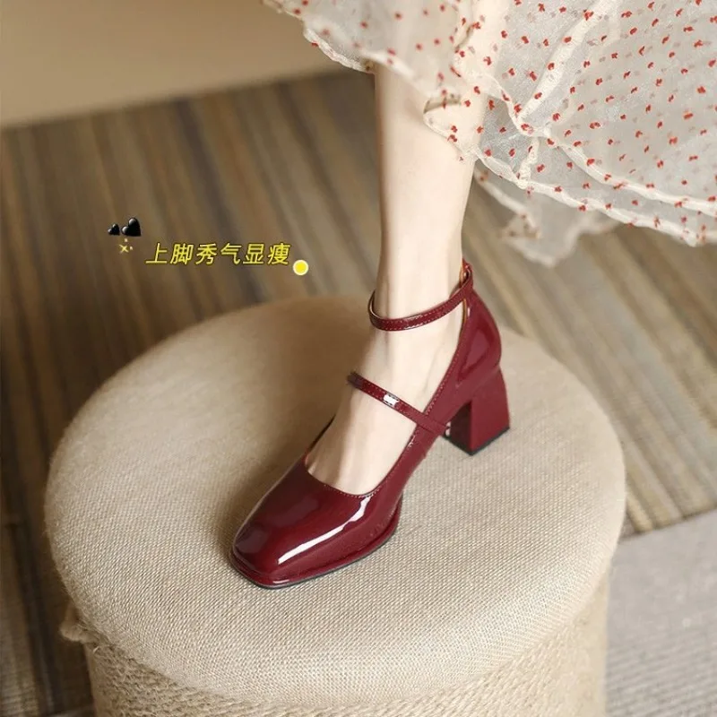 2024 Design Women Heels Mary Jane Shoes Woman Pumps Patent Leather High Heels Dress Shoes Red Wedding Shoes Spring Double Buckle