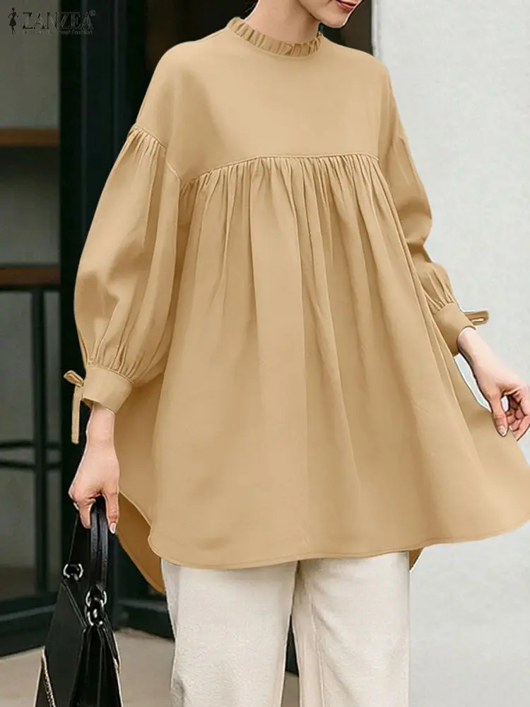ZANZEA 패션 여성 긴팔 탑 2025 가을 블라우스 캐주얼 O넥 루즈 셔츠 여성 우아한 오피스 워크 블라우스 오버사이즈