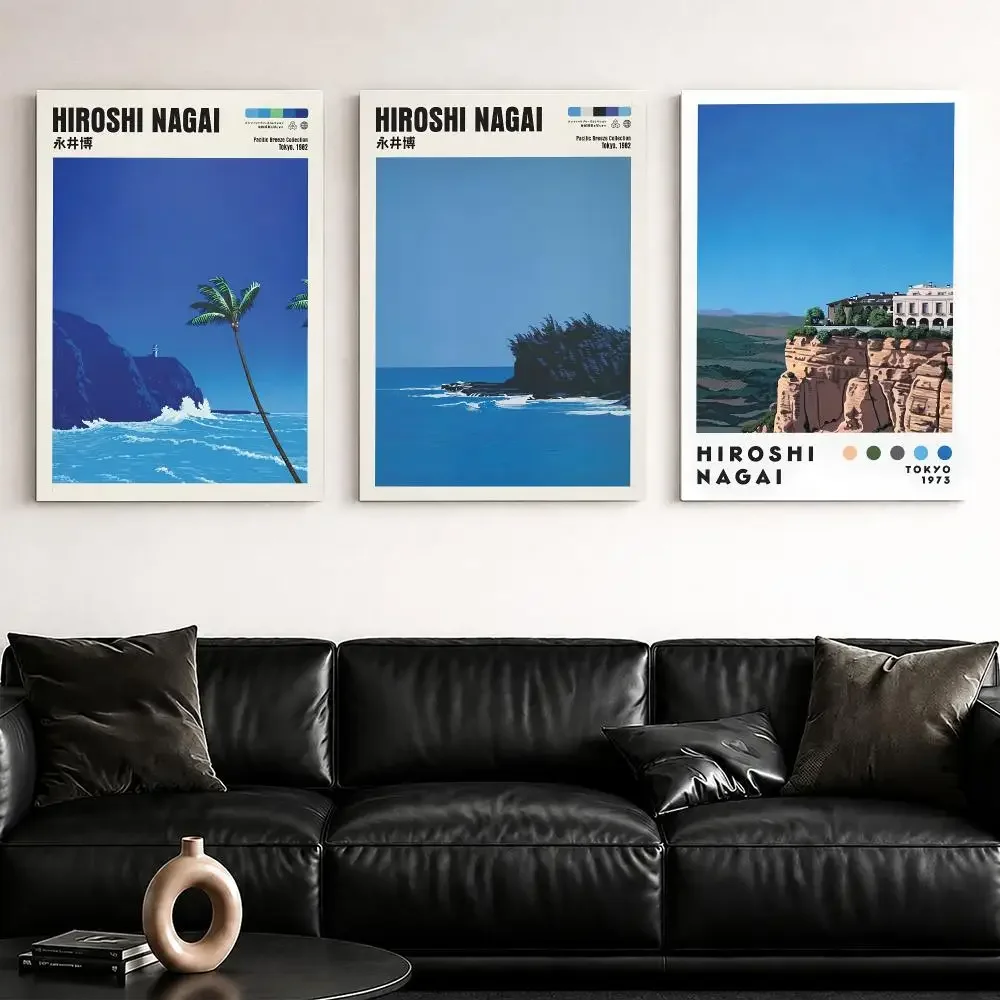 H-Hiroshi Nagai Ocean Cliff View Framed Wall Painting Framed Canvas Wall Art Poster Solid Wood Frame Home Decor