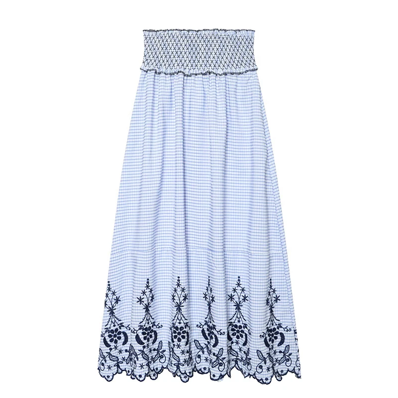 New 2026 Women Embroidery Plaid Midi Skirt Elastic Smocked Waist Casual Boho Summer Skirts