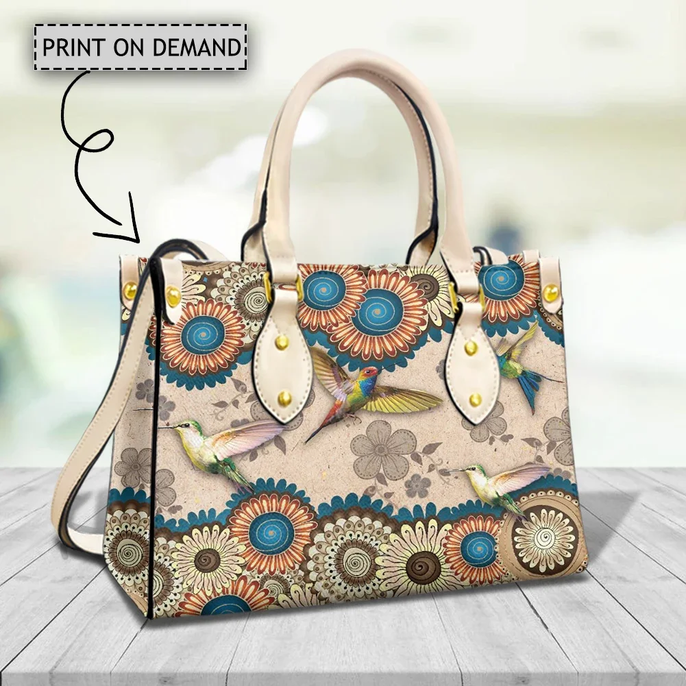 Tas tangan wanita pola burung kolibri Mandala, kasual, tas pegangan atas, tas tangan desainer merek Bohemian, dompet koin kulit Pu, tas cantik