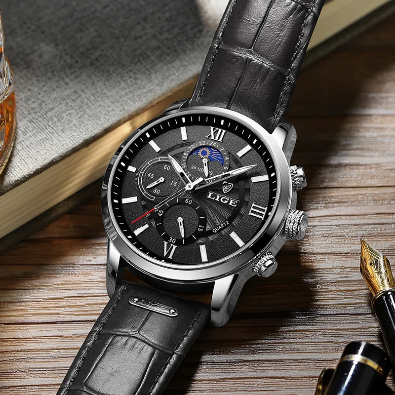 LIGE Orologio da uomo in pelle Sport all'aria aperta Calendario Orologi al quarzo da uomo Impermeabile luminoso Fasi lunari Orologio da uomo Cronografo Orologio + scatola