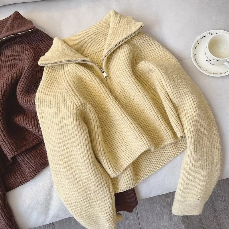 

Half Zip Collar Sweater Women Pullovers Soft Knitted Long Sleeve Short Jumper Fall Winter Teen-girl Korean Fashion Outfit