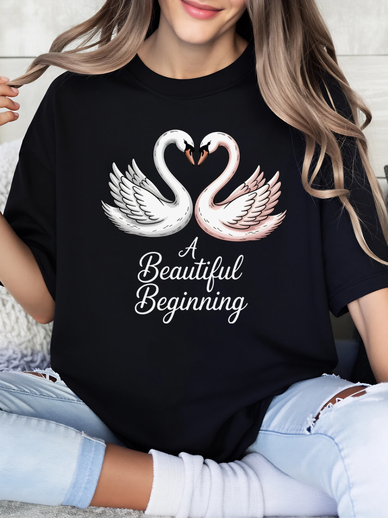

Swan Couple a Beautiful Beginning Print t Shirt Valentine's Day Women Casual Wear Black Plus-Size