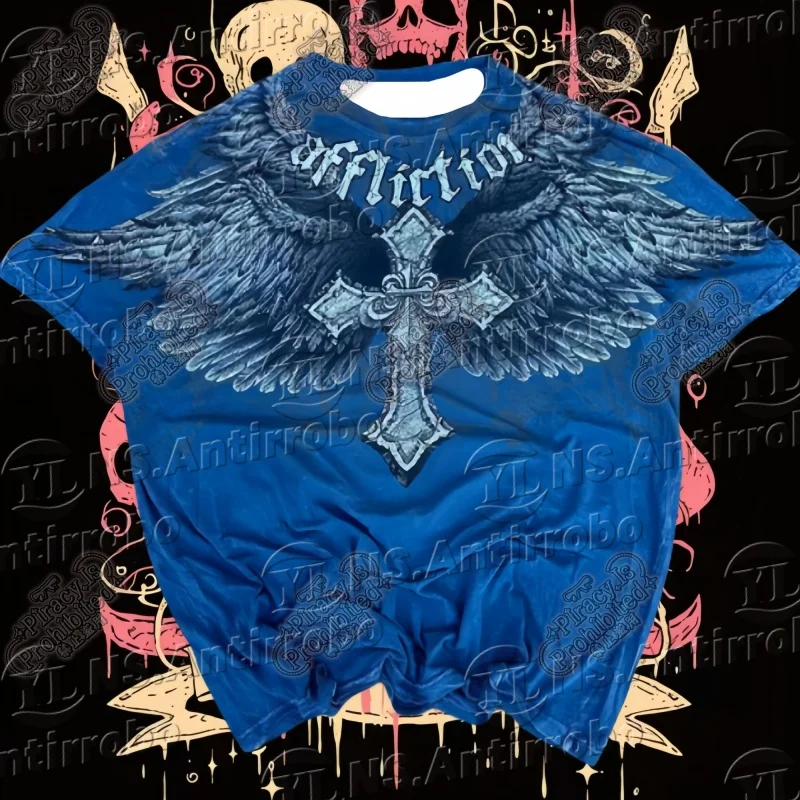 Camiseta azul oscuro Street Affliction con alas grandes, ropa Vintage Punk Hip Hop con estampado gráfico, tops de gran tamaño para hombres, camisetas de manga redonda