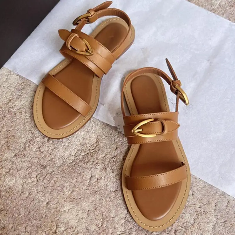 2024 Summer Sandals Women Shoes New Fashion Ladies Cowhide Sandal Retro Handmade Genuine Leather Flats Sandalias Femininas