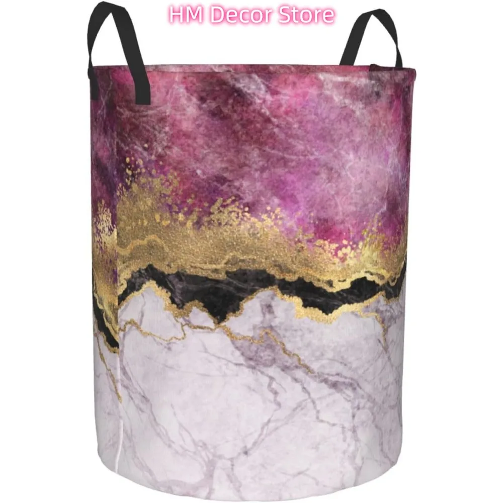 سلة الغسيل الرخام الوردي مع الأوردة الذهبية قماش أكسفورد سلة الغسيل القابلة للطي مع مقبض للمطبخ غرفة النوم #2