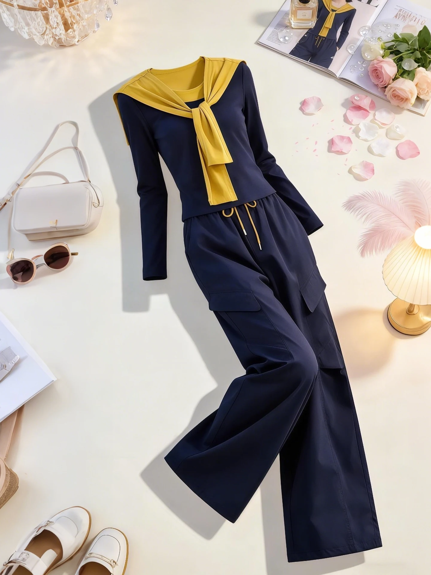 

Spring 2026 Women's Fashion Set Shoulder Shawl Color Collision Loose Wide Leg Pants Sportswear Short Sleeve round Neck Top