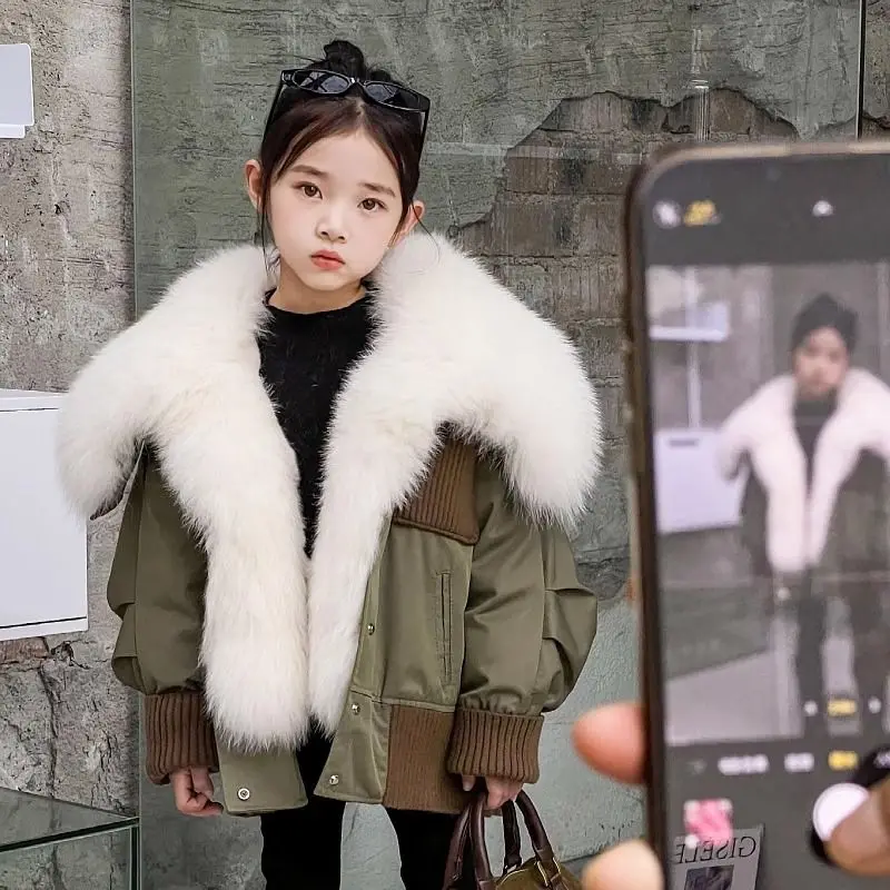 

teen girls winter Big fur collar velvet jacket junior kids detachable rabbit fur lining outerwear Child overwear Parkas Clothes
