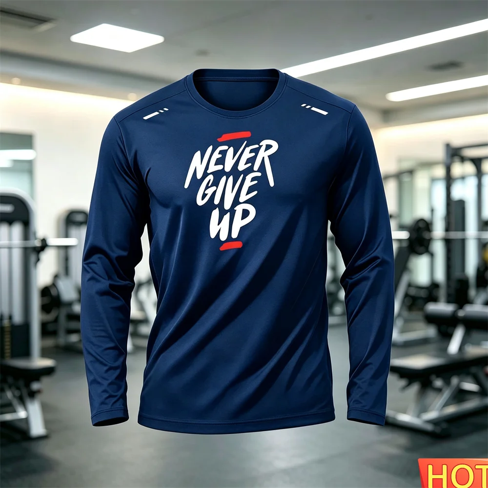 Never Give Up Fitness Long sleeved T-shirts Autumn/Winter Men Sports T-shirt Cotton Elastic Gym Training T-shirt Sportswear tops