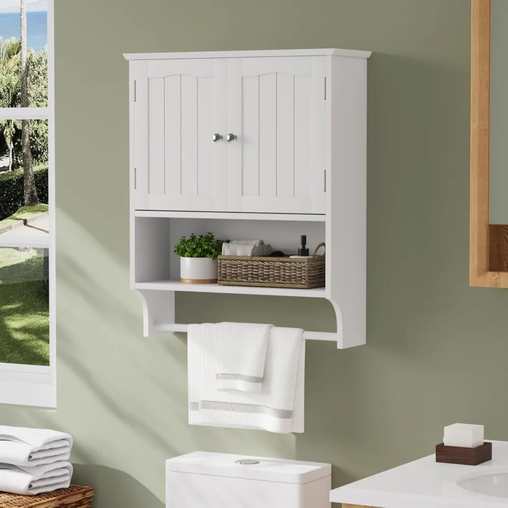 

White Bathroom Cabinet Wall Mounted Towels Bar, Bathroom Medicine Cabinet with 2 Door Adjustable Shelves, Toilet Cabinet