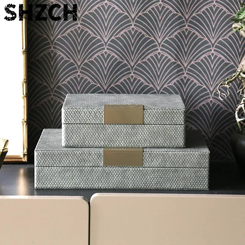 Luxury Gray Leather Jewelry Box High-grade Light Ancient Sundries Organizer Model Room Hotel Home Decoration
