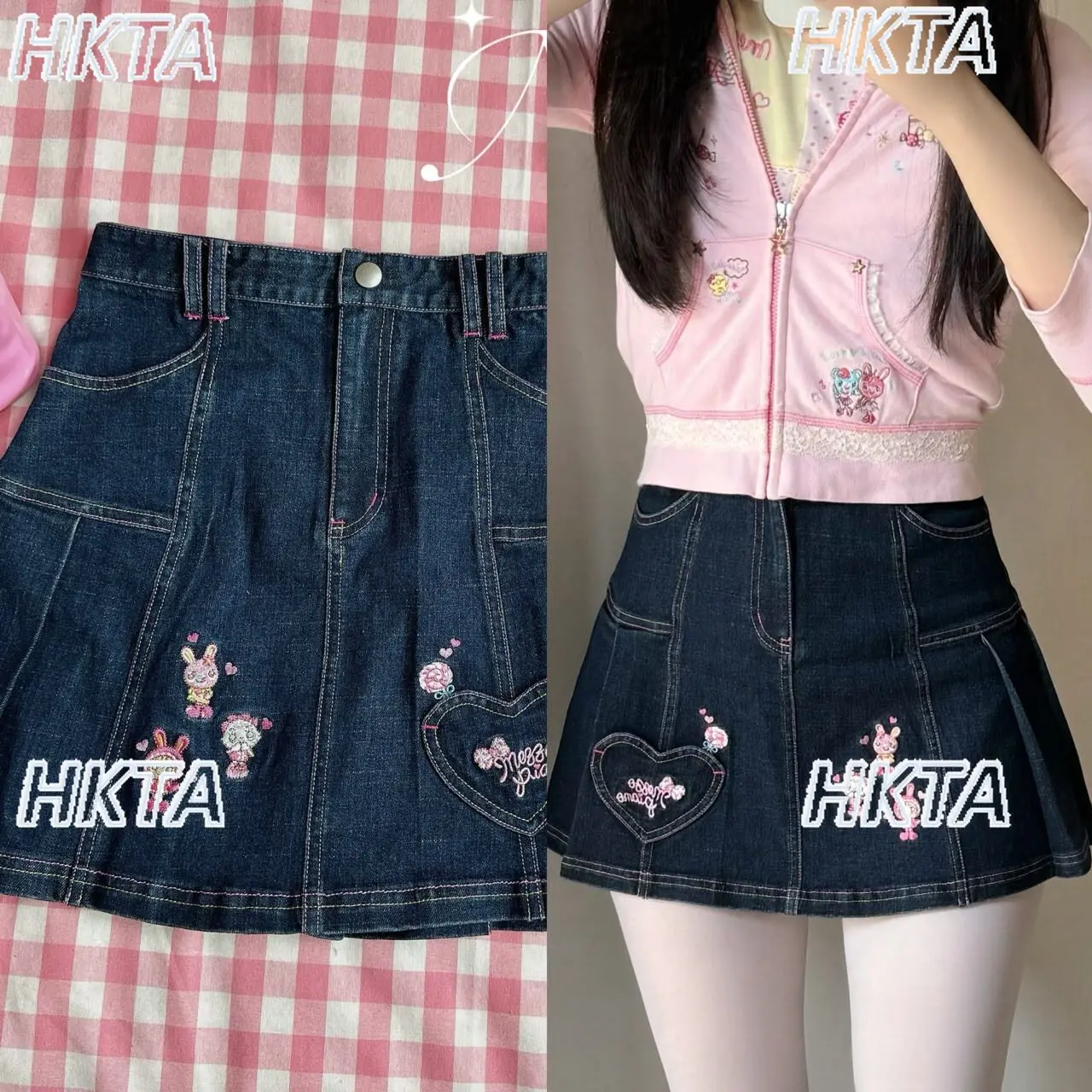 Japanese Lolita Cute Cartoon Letters Embroidery Thin Pleated A Line Mini Skirts Summer New Sweet Subculture Denim Skirt Women
