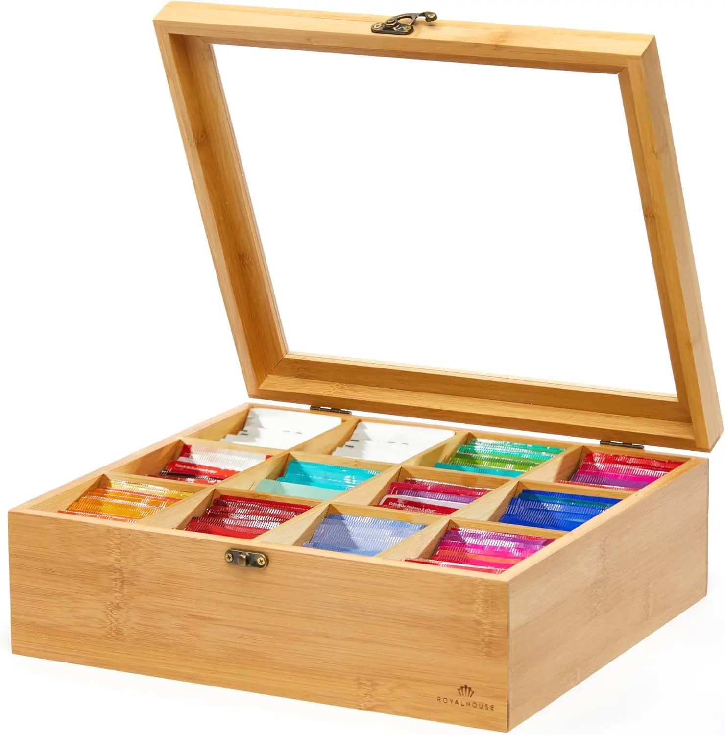 

Bamboo Tea Storage Organizer with Clear Acrylic Window, 12 Compartments for Tea Bags and Small Items