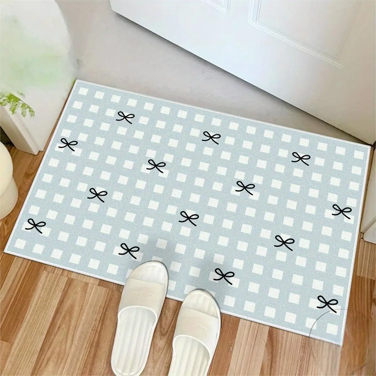 VIKAMA Blue Gingham Bow Doormat Non Slip Checkered Bow Knot Pattern Entrance Rug Cute Pastel Floor Mat Front Door Indoor Outdoor