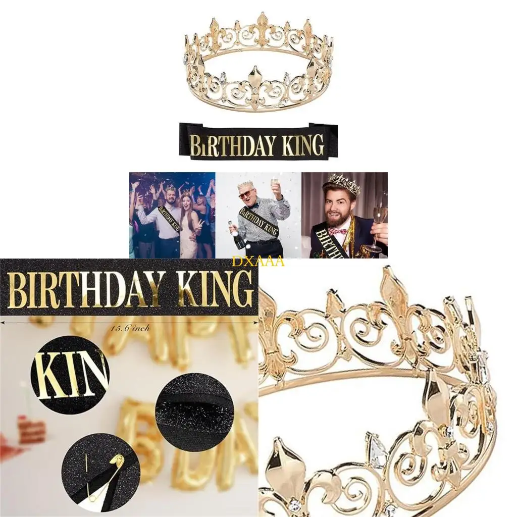

DXAA Men’s Birthday Crown & Sash Set Birthday Party Props Shoulder Strap Headwear Rhinestones Royal Crown
