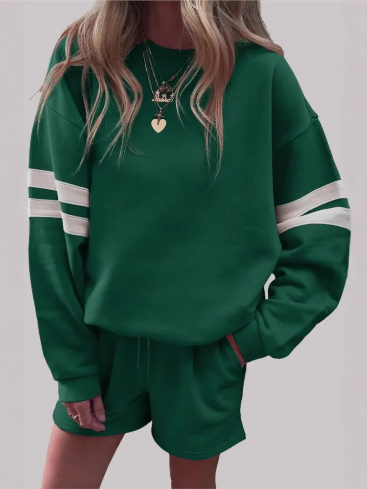

Autumn Striped Hoodie Loose Two Piece Set For Women Casual Long Sleeve Tops+Shorts 2 Piece Sets Woman Solid Lace Up Shorts Suit