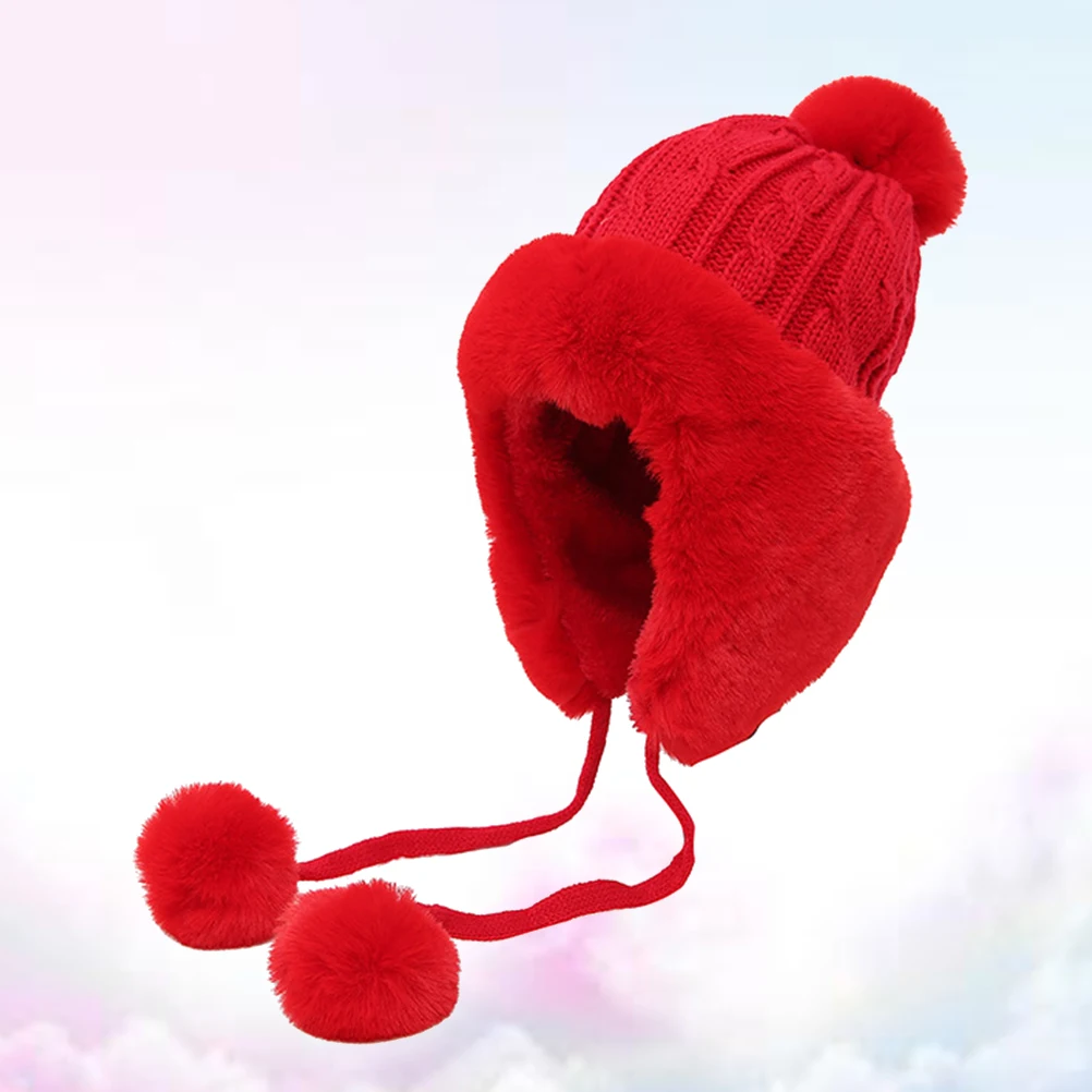 

Knitted Hat Earmuff Earflap Rabbit Ball Warm Winter Cap Adults Headwear Pom Pom String Woolen Yarn Travel Photography