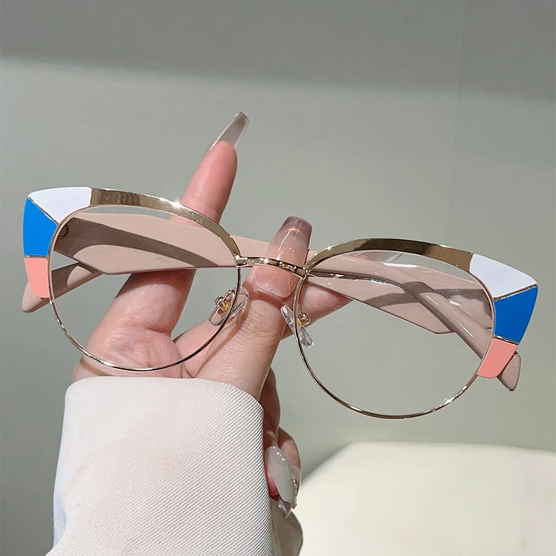 KAMMPT Übergroße Cat-Eye-Brille für Damen, stilvoll, Patchwork-Rand, optische Rahmen, trendiges Markendesign, blaues Licht blockierende Brillen