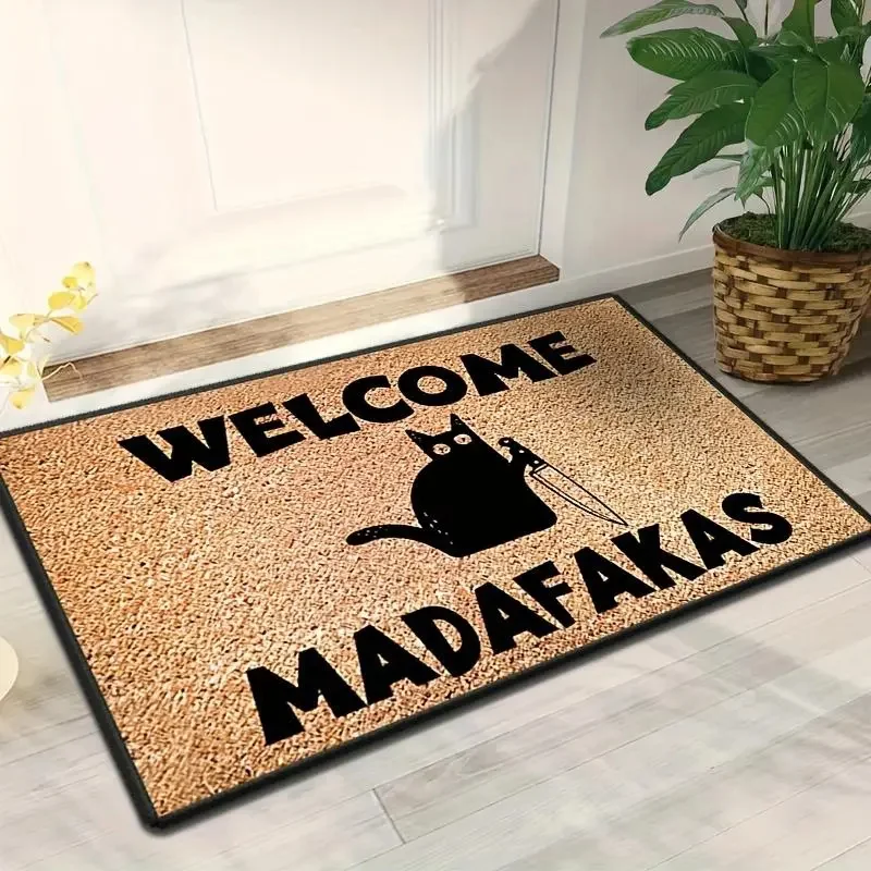 VIKAMA Funny Black Cat Doormat Cartoon Kitten With Knife Pattern Non Slip Entrance Front Door Floor Mat Indoor Home Decor