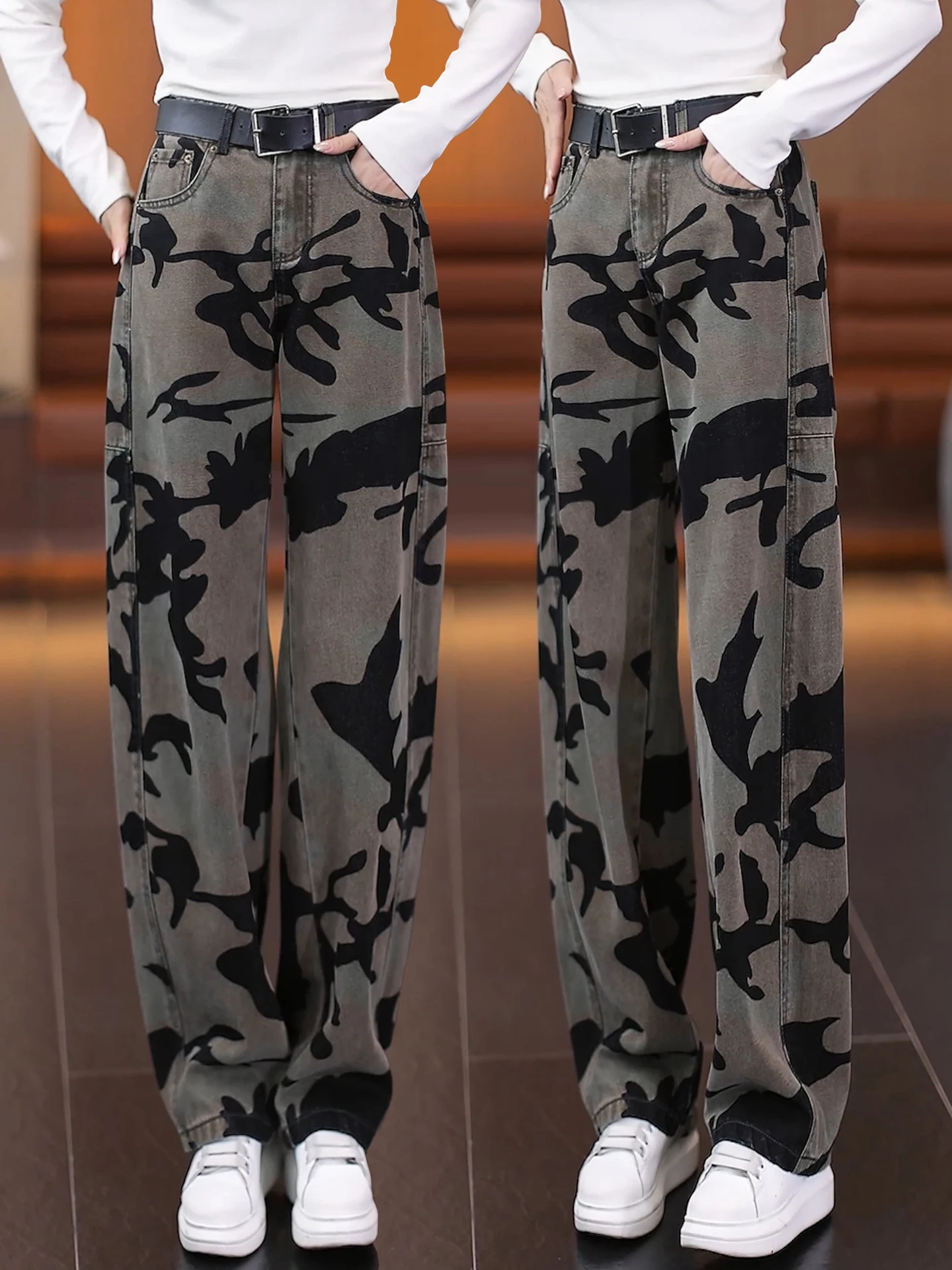 

Retro Camouflage Workwear Jeans Women's High Waist Loose Slimming Fleece Casual Wide Leg Pants Autumn Winter New Arrival
