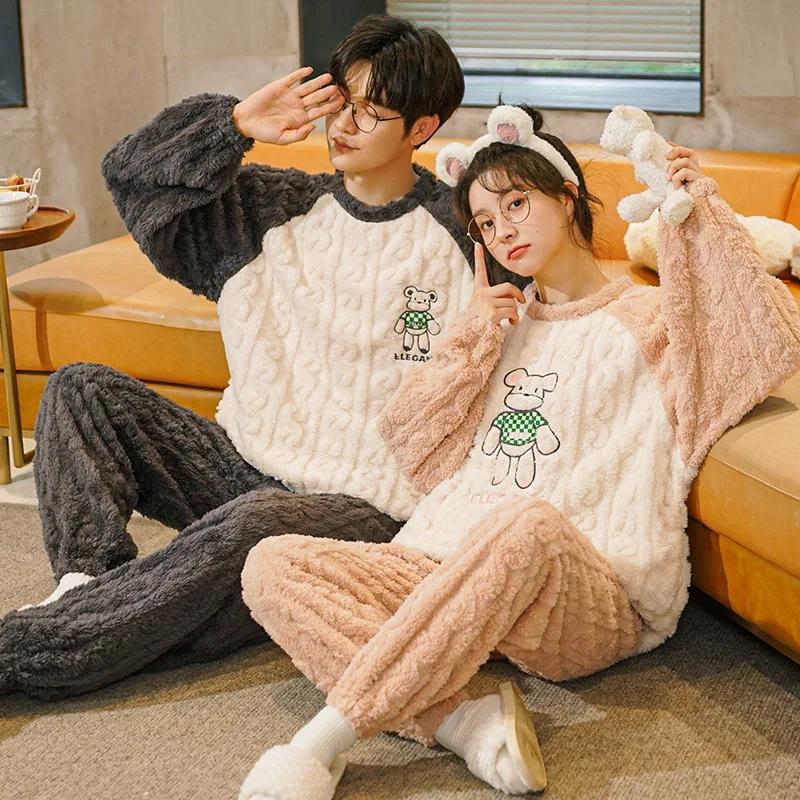 Conjuntos de pijamas para parejas para hombres y mujeres, ropa de dormir gruesa, ropa de dormir de dibujos animados para amantes coreanos, ropa de