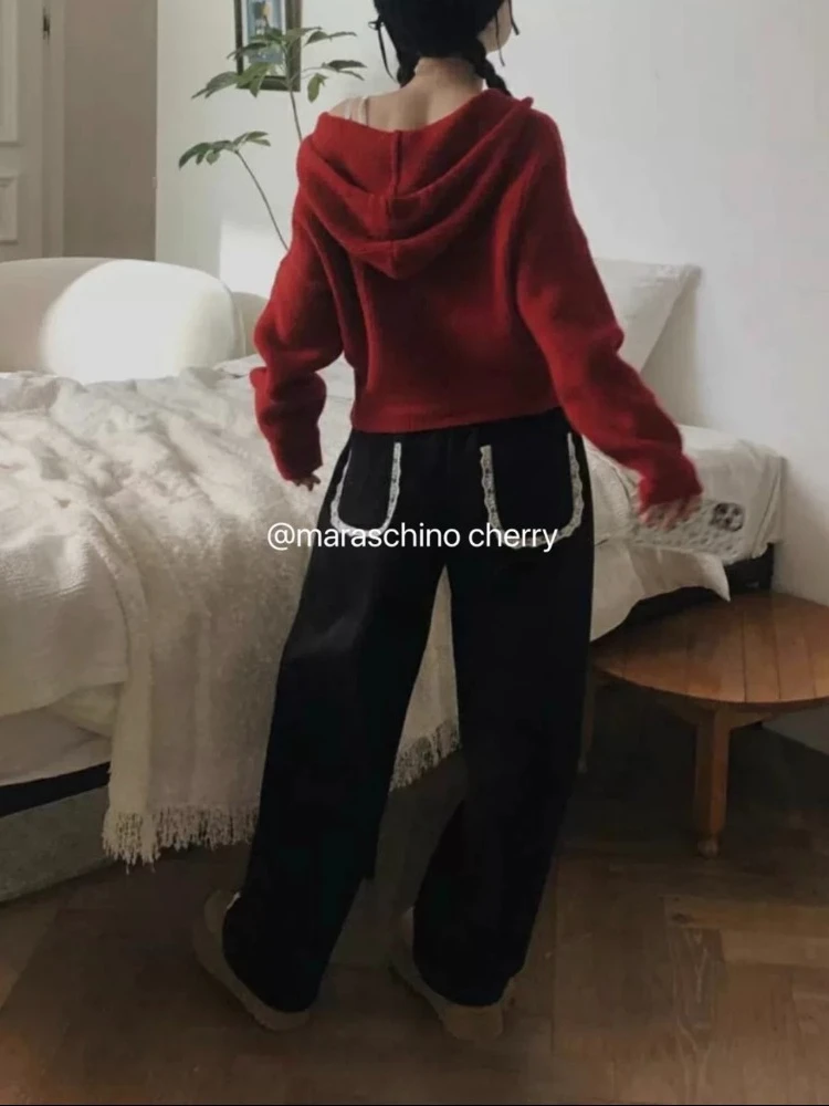 Deeptown koreański styl patchworkowy Streetwear wysoki stan szerokie nogawki spodnie kobiety wiosna Kawaii urocza koronka luźne spodnie na co dzień