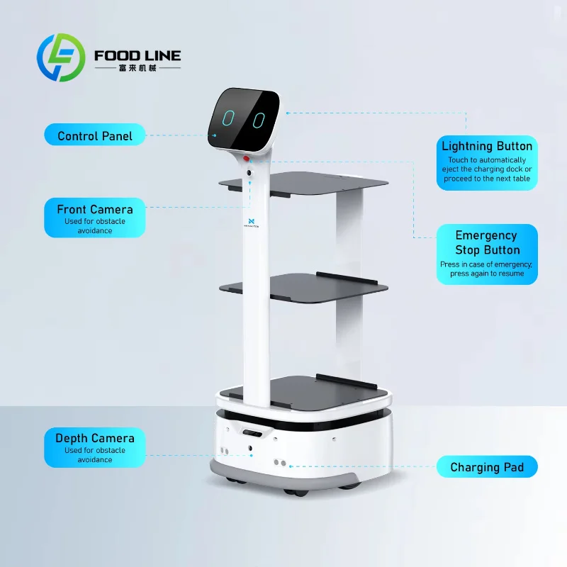 Customized Intelligent Food Delivery Robot with Laser & Visual Navigation, Auto-Recharge for Hotel and Restaurant Food Delivery