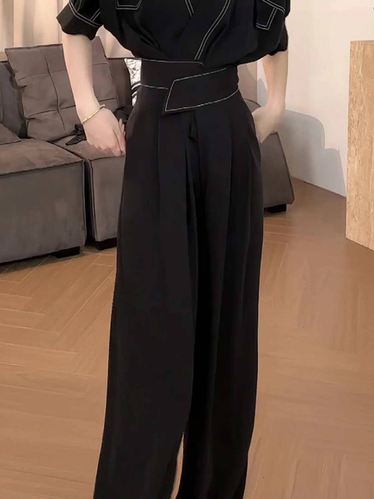 กางเกงขายาวทรงตรงเอวสูงแบบอสมมาตร สไตล์ลำลองสำหรับผู้หญิง เหมาะสำหรับใส่ทำงานหรือใส่เที่ยว  รุ่นใหม่  กางเกงเอวสูง