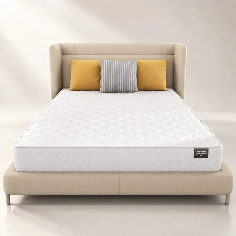Queen mattress for bedroom use, white hybrid with pocket coils and tight Euro top, medium firm, high-density foam and polyester