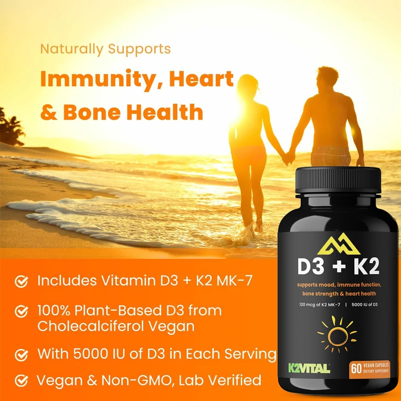 

Supplementing Heart and Bone Health with Vitamin D and K D 3 K 2 MK-7 60 capsules K2 D3 vegetarian capsules